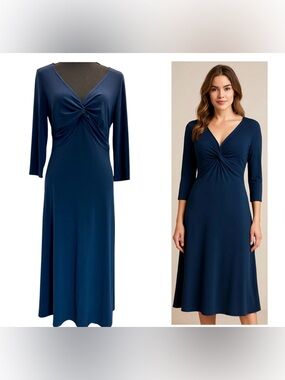 Joseph Ribkoff Navy Blue Twist-Front V-Neck long sleeve fit Flare Midi Dress 10